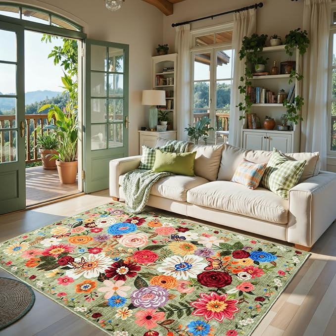 Floral Washable 6x9 Area Rugs Green, Soft Bedroom Rug - Image 3