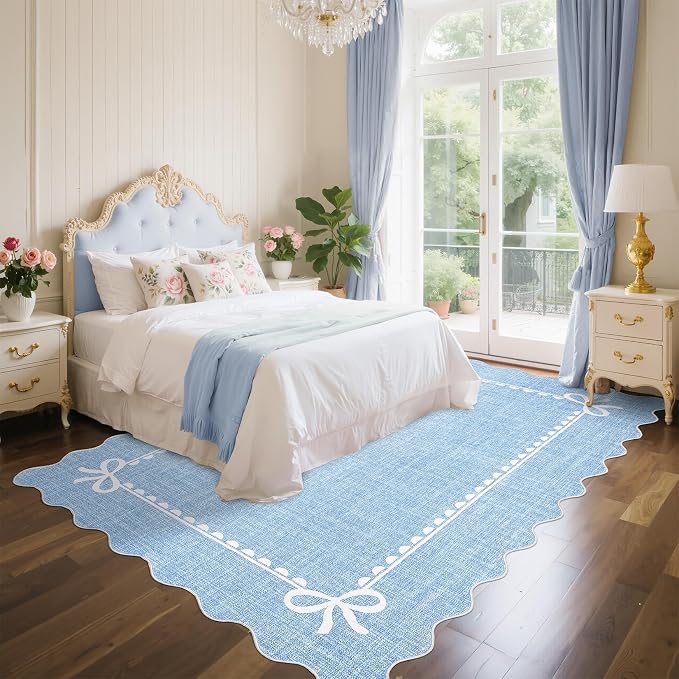GarveeHome Scalloped Bow Rug for Living Room, Solid Blue Rug for Dorm, Washable - Image 2