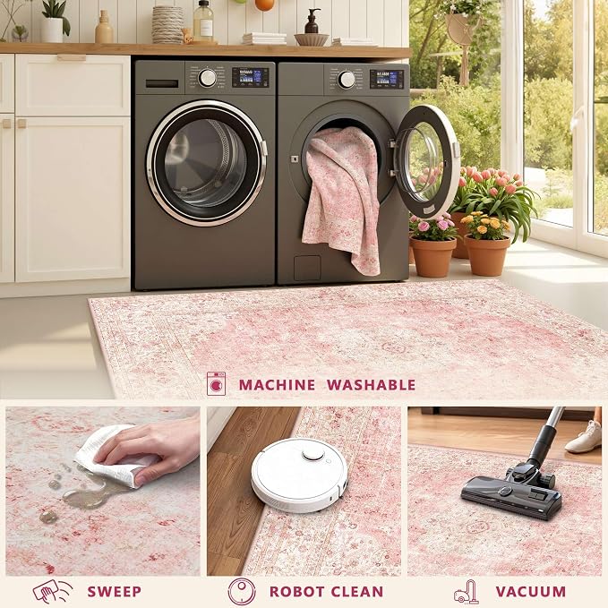 Latte&Fog 3x5 Entryway Pink Area Rugs, Vintage Floral Washable Rugs Cute Girls - Image 8