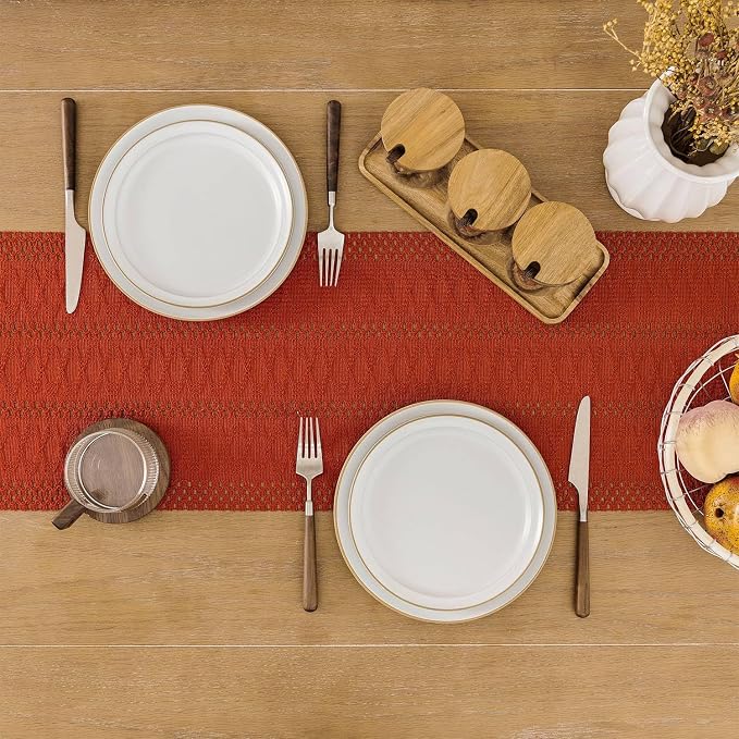 Macrame Style Boho Table Runner, 12x60 Inch Dark Orange | Woven Boho Table - Image 4