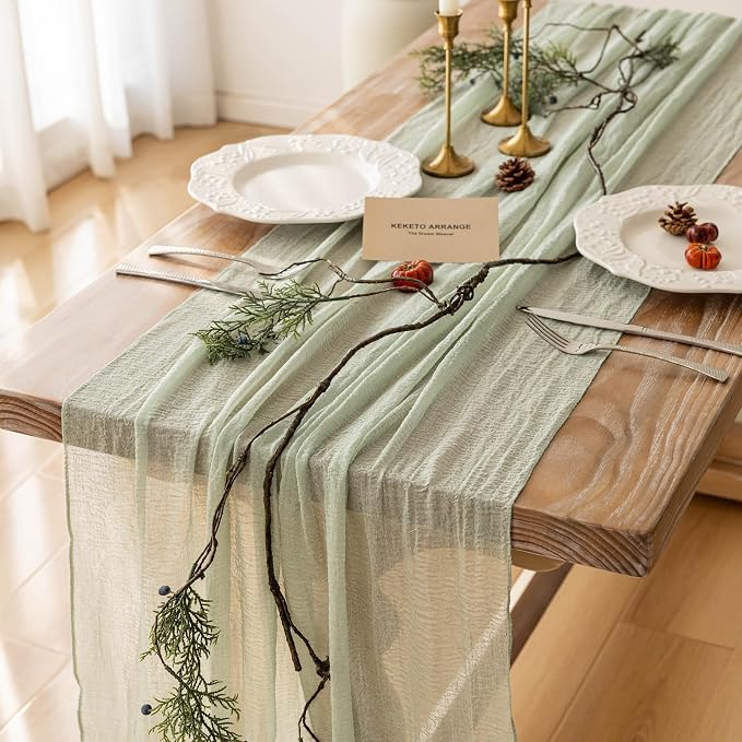 3Pcs Sage Green Cheesecloth Table Runner 120 Inches by KEKETOARRANGE