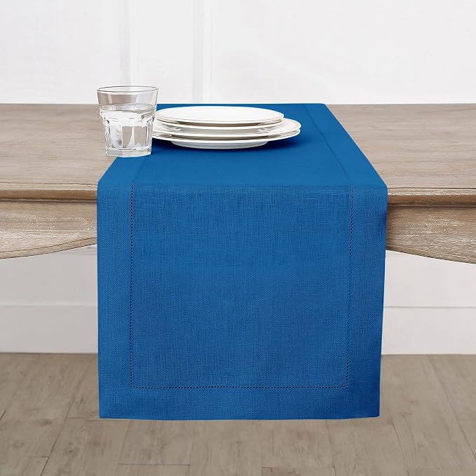 Solino Home 100% Pure Linen Table Runner Indigo Blue Hemstitch, 14 x 132 in | by SolinoHome