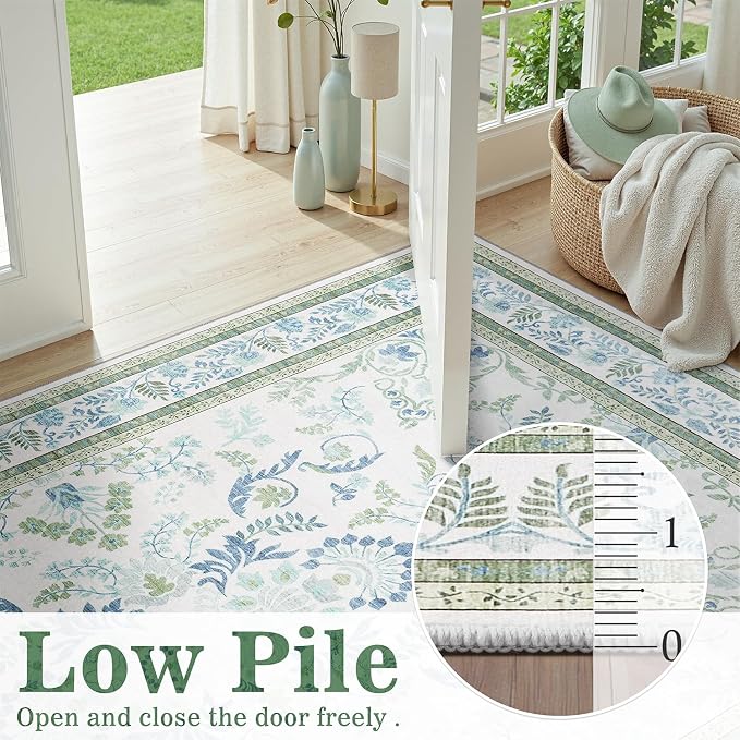 DCX Area Rug 5x5 Botanical Floral Washable Rugs in Green and Blue Soft Non Slip - Image 5