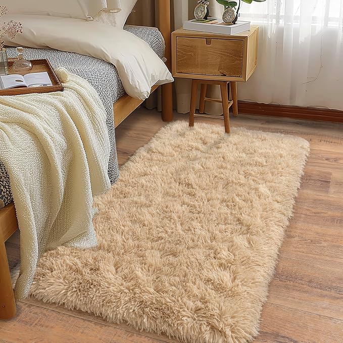 Soft Runner Rugs for Bedroom Hallways, 2x4 Beige Fluffy Shag Throw Area Rug Non by Ailyei