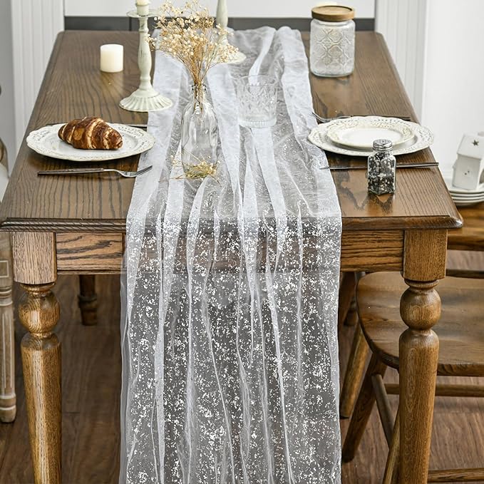 Artoid Mode White Silver Gauze Table Runner 120 Inch 10Pcs, Glitter Metallic - Image 4