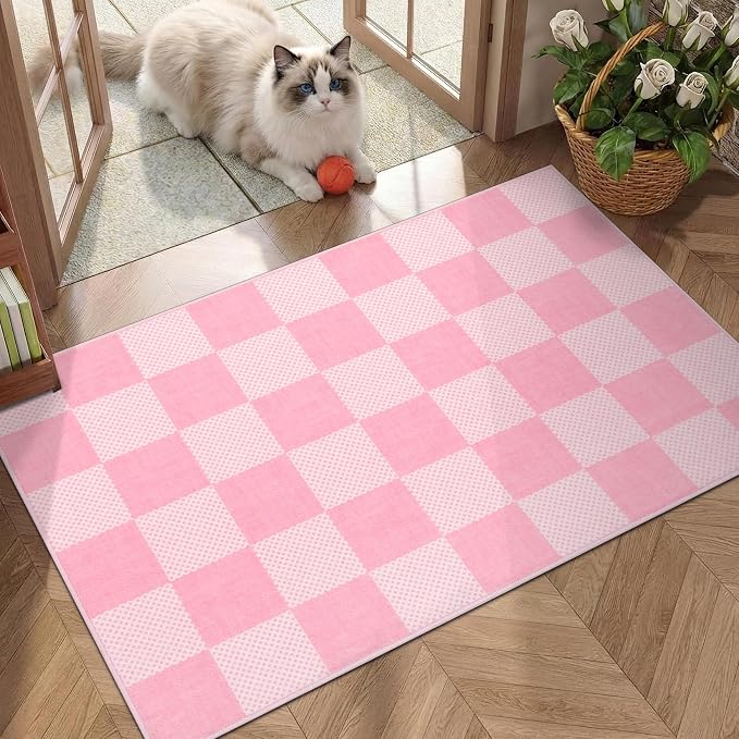 GarveeHome Checkered Blush Pink and White 5x7 Washable Rug Geometric Diamond - Image 3
