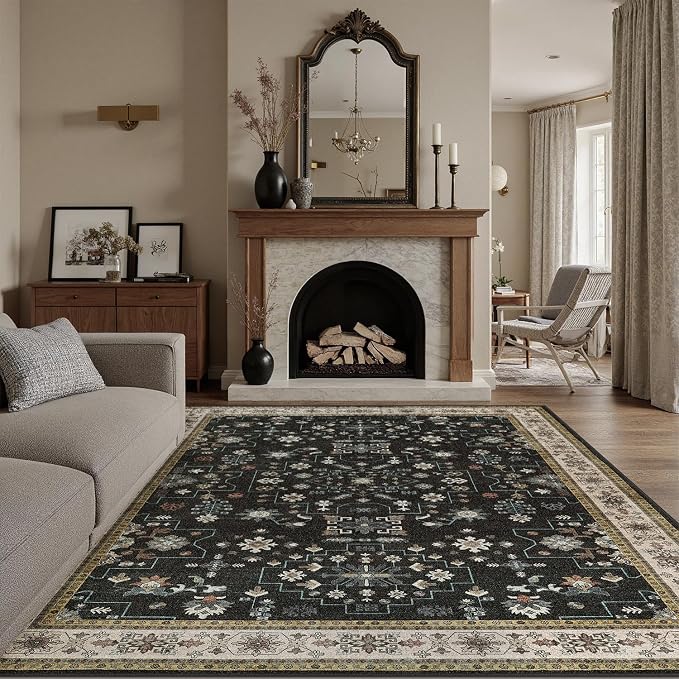 DCX Machine Washable Black Area Rug 9x12, Non Slip Stain Resistant Vintage Area by DCXWashableRug