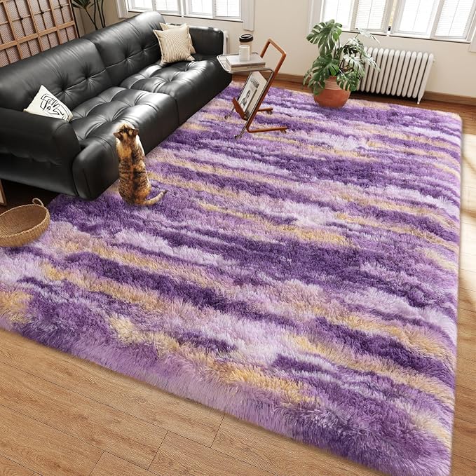 Shag Rugs for Living Room 9x12, Ultra Soft Abstract Purple Big Fuzzy Rugs for - Image 4