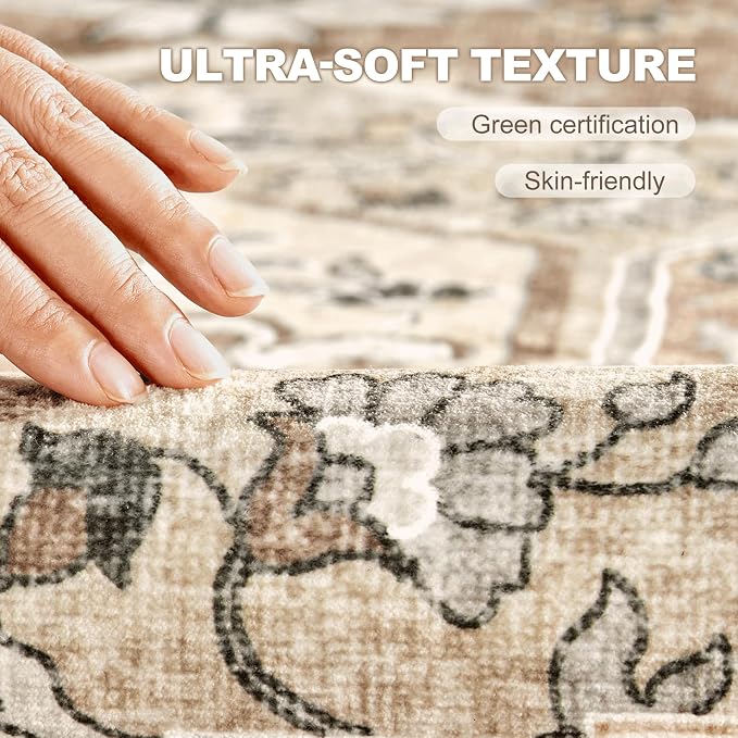 8x10 Washable Area Rug: Vintage Neutral Soft Non Slip Thin Large Floor Carpet - Image 4