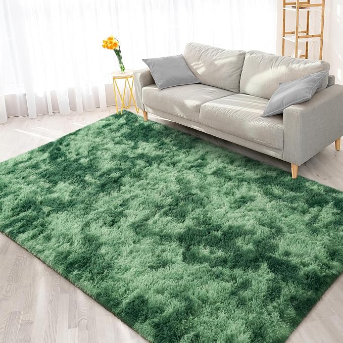 FlyDOIT Large Area Rugs for Living Room, 5x8 Feet Tie-Dyed Green Shaggy Rug - Image 8