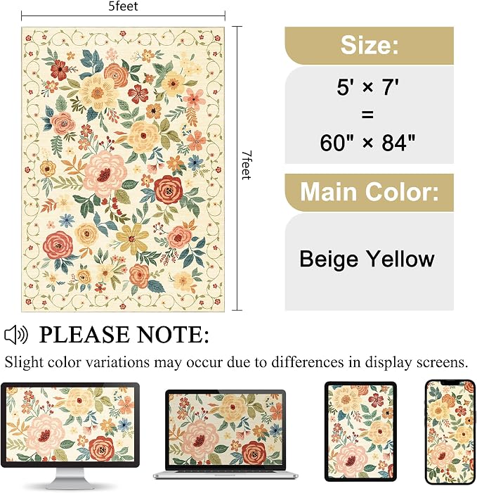 DUKINO 5x7 Area Rug, Floral Rugs - Image 2