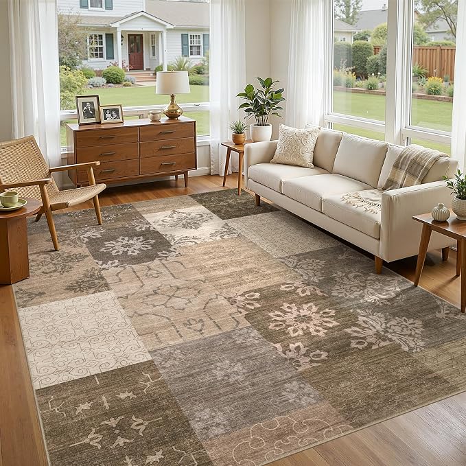 UERMEI 6x9 Area Rug for Living Room, Washable Brown Modern Geometric Patchwork - Image 2