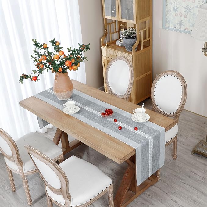 NEWISHER Farmhouse Braided Striped Embroidery Table Runner 48 inches Grey | - Image 3
