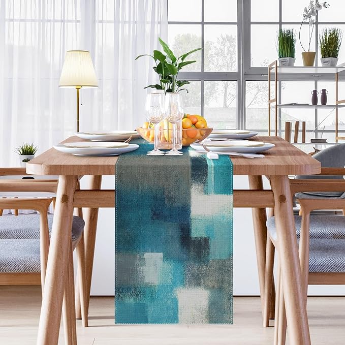 Emvency Table Runner, 13x108 Inch, Abstract Modern Farmhouse | Teal Grey Dining - Image 4