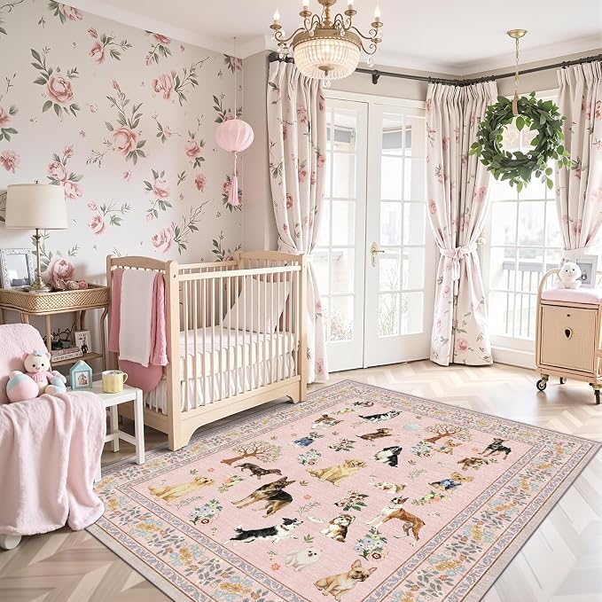 Floral Dog Machine Washable Rug Pink, 3x5 Rug Non Slip Soft Bedroom Rugs - Image 2