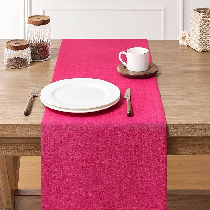Linen Textured Border Table Runner, 14 x 72 Inch Hot Pink | Mitered Corner - Image 3