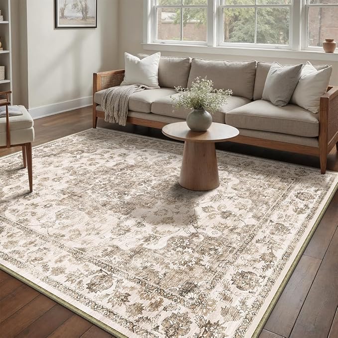 10x14 Neutral Area Rug Brown Vintage Living Room Bedroom Washable Carpet - Image 3