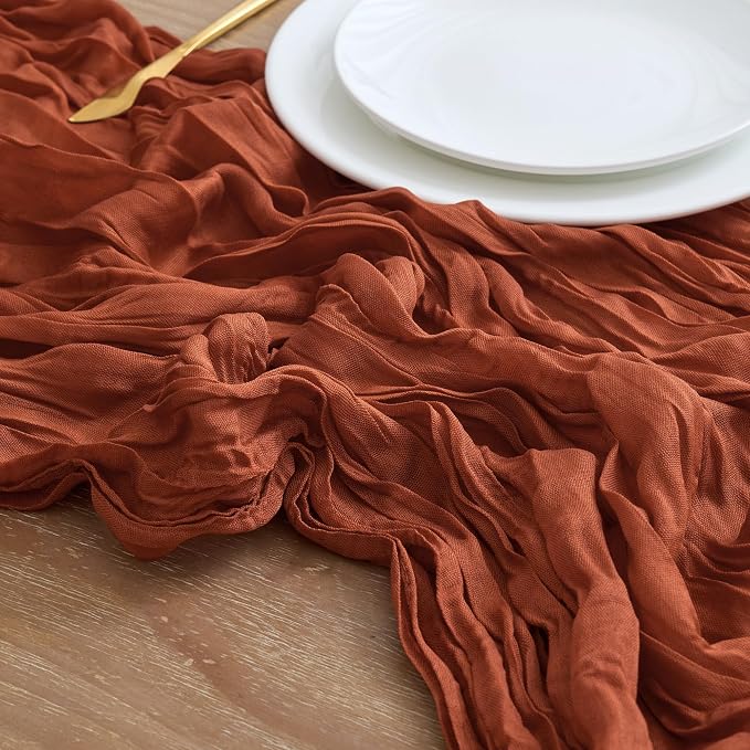 Asee'm Terracotta Fall Cheesecloth Table Runner 10FT Boho Burnt Orange | Rustic - Image 4