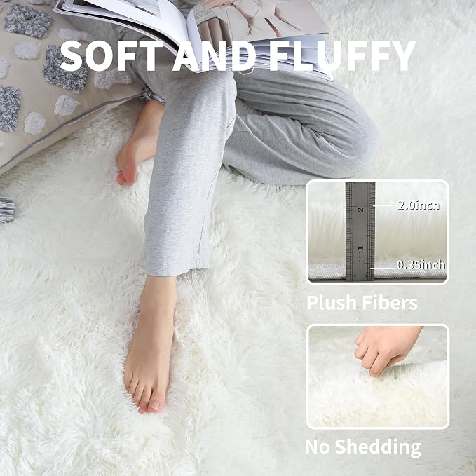 KCHOWUA Cream White Thick Fluffy Area Rug - Image 4