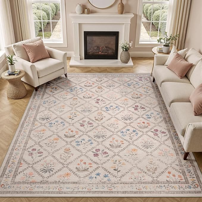 DCX Washable 4x6 Rose Biege Floral Rug - Image 2