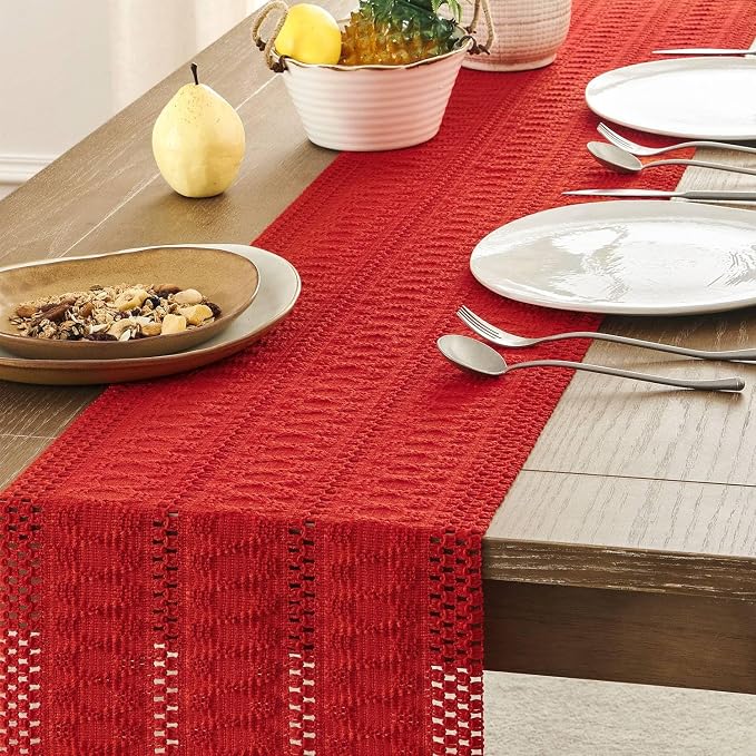 Macrame Style Boho Table Runner, 12x36 Inch Red | Woven Boho Table Runner - Image 5