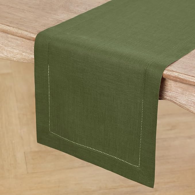 Solino Home 100% Linen Table Runner Olive, Classic Hemstitch 14 x 120 in | - Image 2
