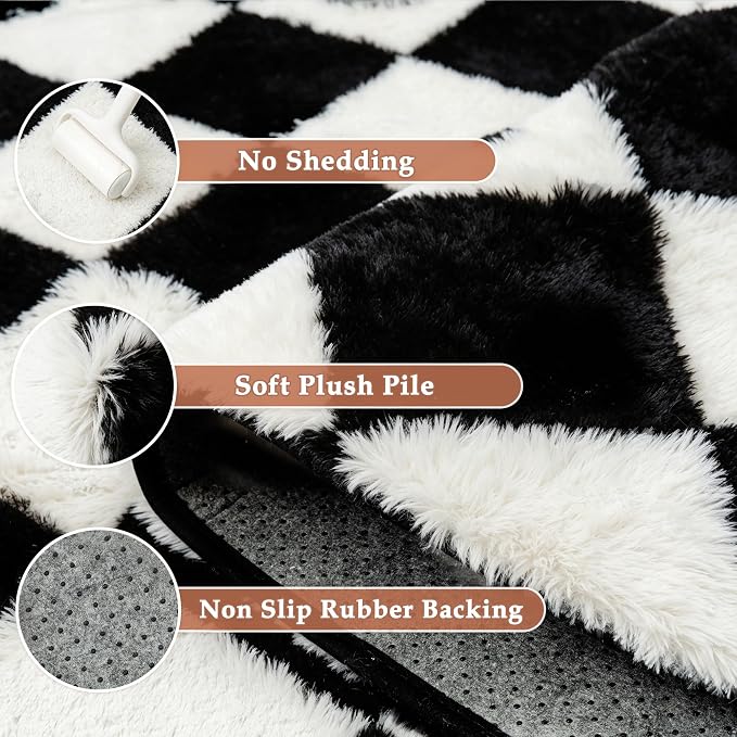 PureCozy Checkered Rug 9x12 Fluffy Shag Living Room Black and White Area Rug - Image 6
