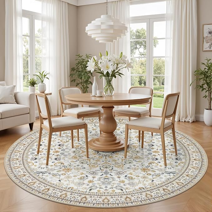 Round Area Rug for Living Room: 4 ft Washable Vintage Boho Soft Thin Circle Rug - Image 3