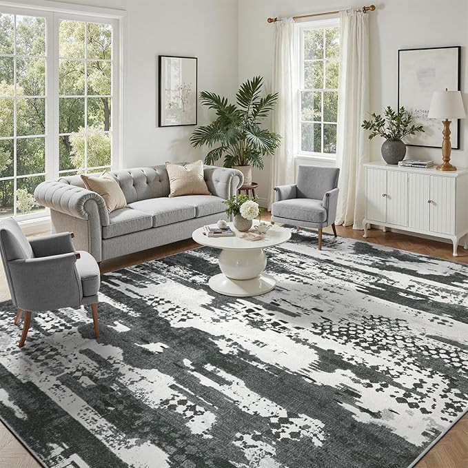 DCX Abstract Area Rug 5x7, Washable Black Modern Rug by DCXWashableRug