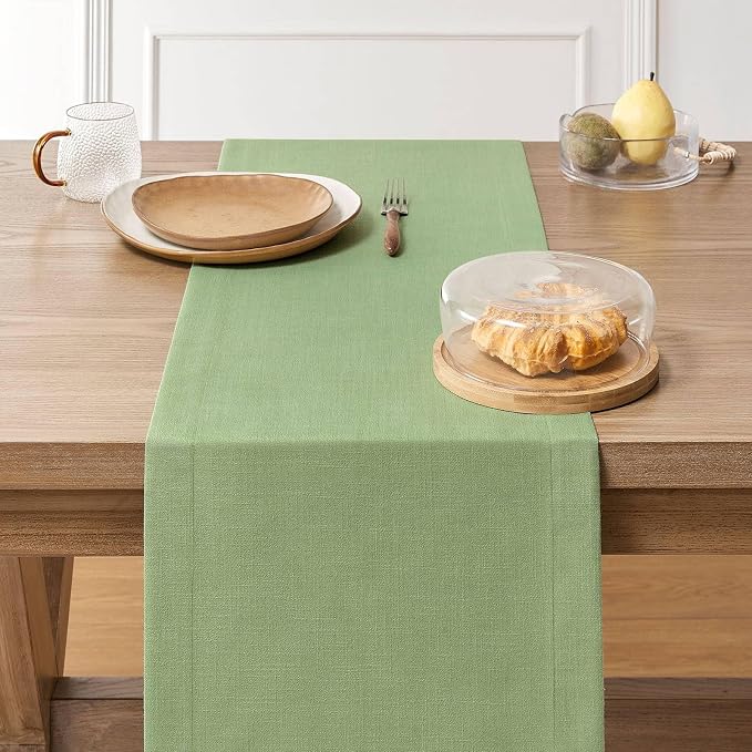 Linen Textured Border Table Runner, 14 x 90 Inch Green | Mitered Corner Design - Image 3