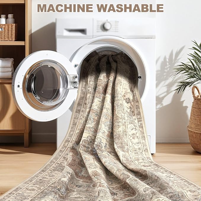 10x14 Washable Area Rug: Vintage Neutral Soft Non Slip Thin Large Floor Carpet - Image 5
