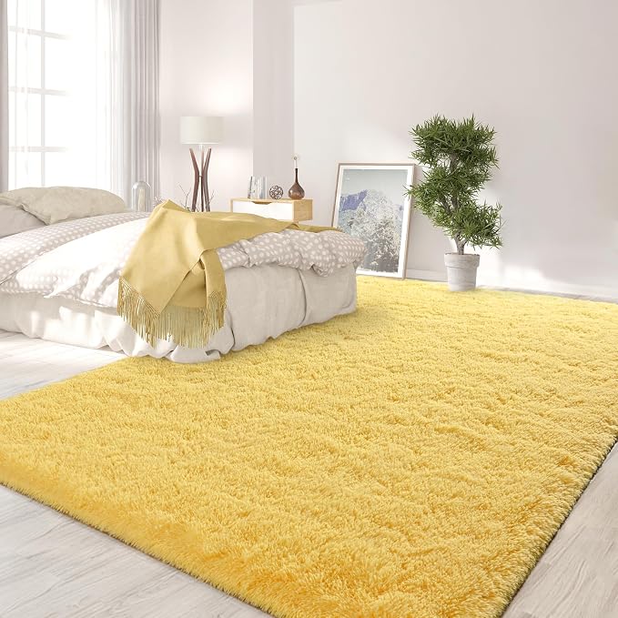 FlyDOIT Large Area Rugs for Living Room, 4x6 Feet Yellow Shaggy Rug Fluffy - Image 3