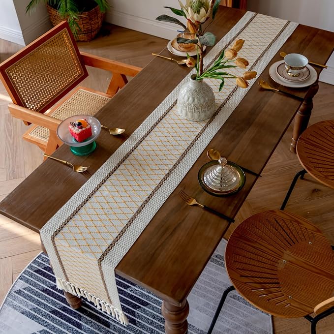 EMMTEEY Macrame Table Runner Boho Style 36 Inches Long, Hexagonal Yellow | - Image 7