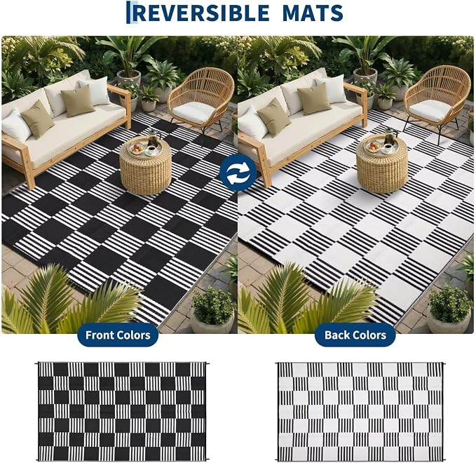 Garvee Waterproof Outdoor Rug 9x12, Checkered Foldable Plastic Straw Patio - Image 3