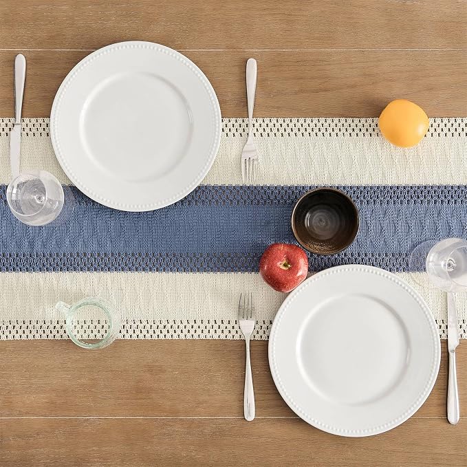 Macrame Style Bicolor Stitching Table Runner 14x72in Blue | Woven Boho Table - Image 4