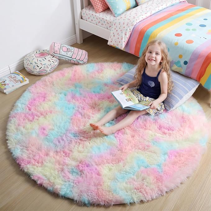 Amdrebio Rainbow Fluffy Round Rug 5Ft Kids Rugs by Amdrebio