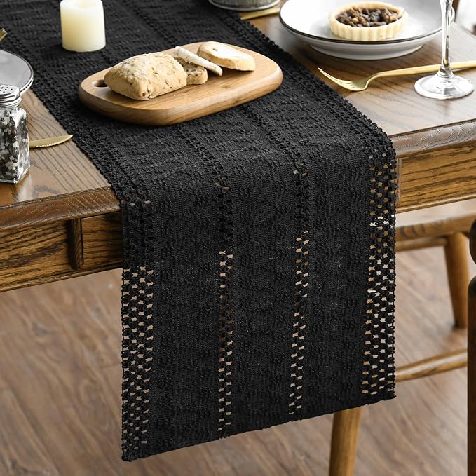 Artoid Mode Black Woven Farmhouse Hollow Table Runner 12x90 Inch | Holiday - Image 2