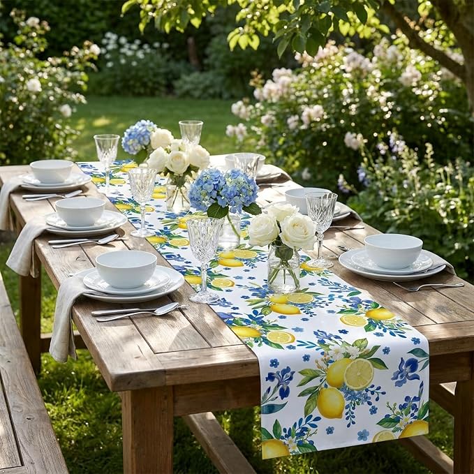 Lemon and Blue Floral Table Runner, 90 x 13 inches, Easy Care Machine Washable - Image 2