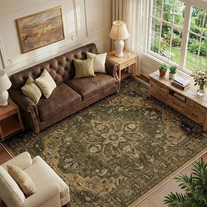 RELEANY Area Rugs 6'x9' Washable Non-Slip, Floral Vintage Distress Medallion by RELEANY