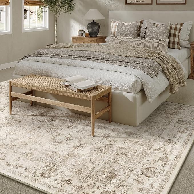 7x10 Washable Neutral Area Rug Beige Vintage Living Room Bedroom Carpet - Image 2