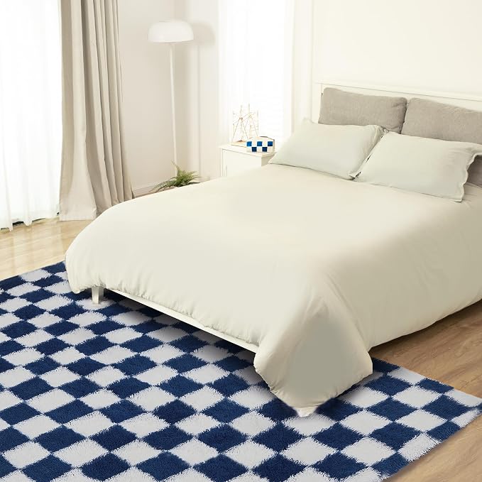 Super Soft Rug for Bedroom, 6x9 ft Blue and White Area Rug Classic Checkered - Image 8