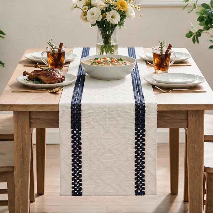 Artoid Mode Dark Blue Stripe Woven Rustic Table Runner 12x60 Inch | Holiday - Image 2