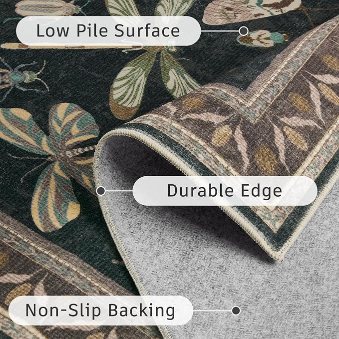 DCX Black 5x7 Washable Bug Rug, Botanical Insect Rug - Image 7