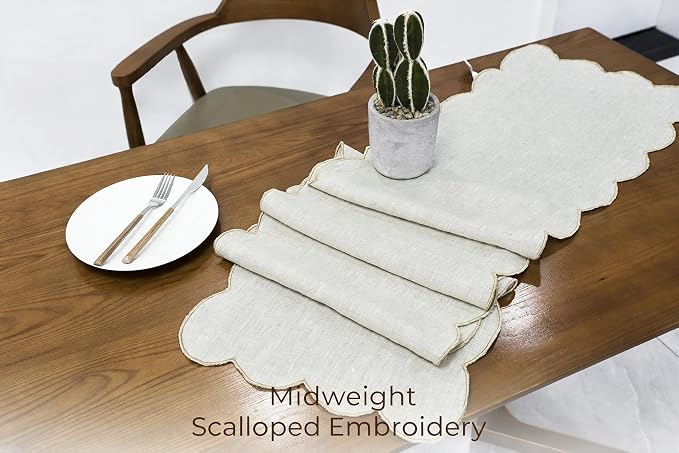 100% Natural Linen Rustic Scalloped Embroidery Table Runner 144 Inches Long - Image 3