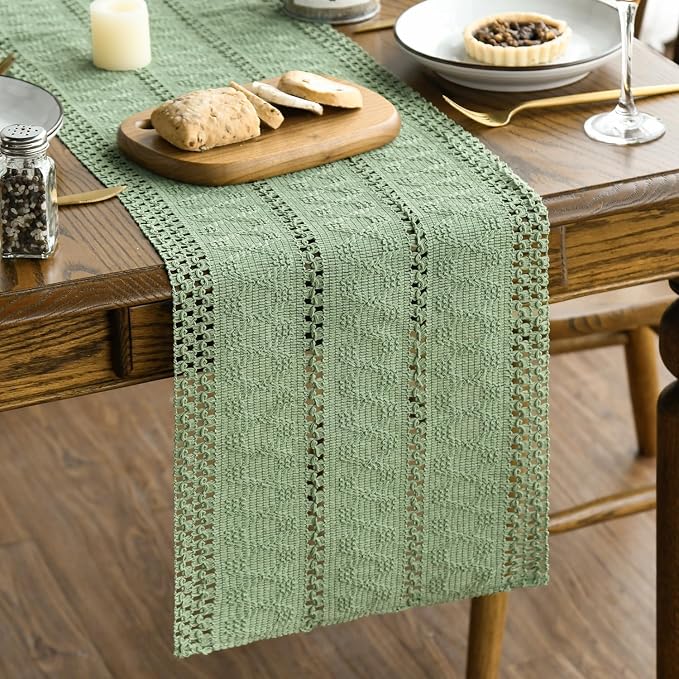 Artoid Mode Light Green Woven Farmhouse Hollow Table Runner 12x120 Inch | - Image 6