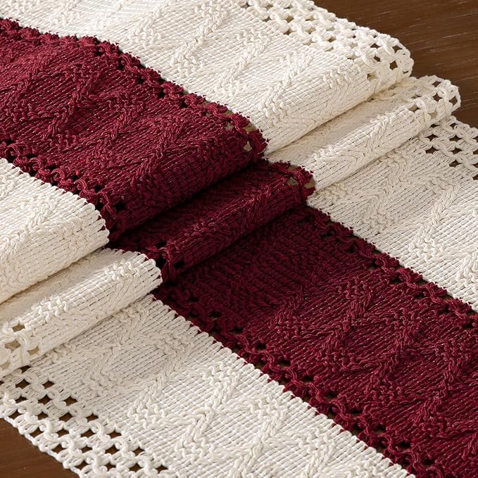 DeZerlor Ivory&Burgundy Boho Macrame Farmhouse Woven Table Runner 72Inch | - Image 5