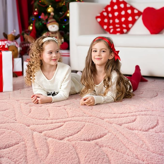 4x6 Pink Washable Area Rug for Girls Bedroom, Leaf Geometric Patter Shag - Image 3