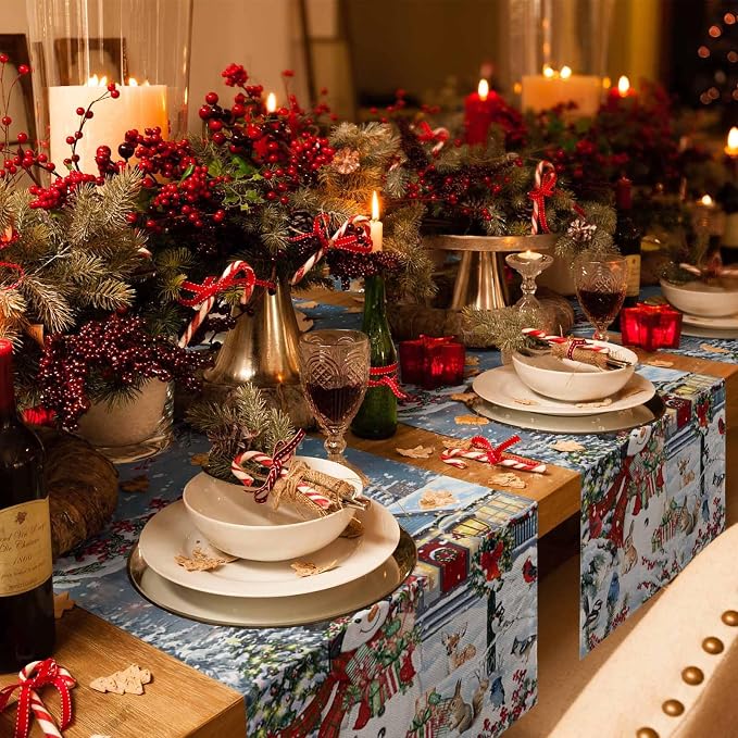 Merry Christmas Table Runner 60 Inches Long, Xmas Trees Snowman Snowflake Table - Image 6