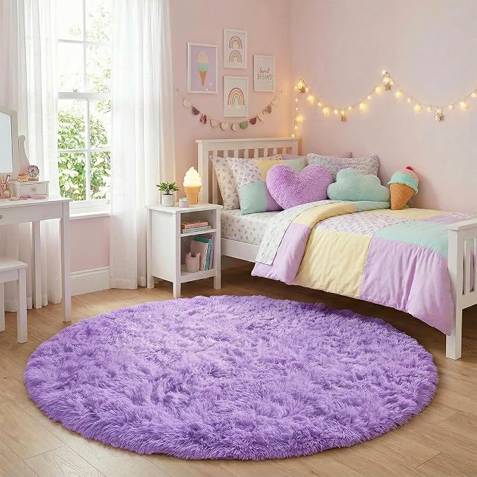 Amdrebio Purple Round Rugs 4Ft for Girls Bedroom Decor Aesthetic, Fluffy Fuzzy - Image 3