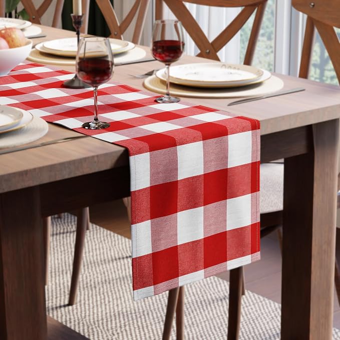 Encasa XO Table Runner, Woven Cotton Dining Runner 13"x59" | Buffalo Red Checks by EncasaXO